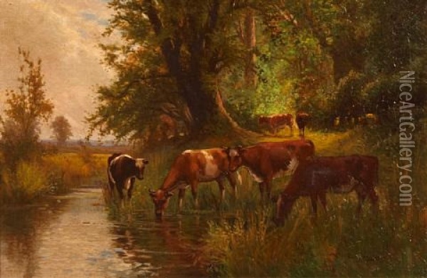 A Pastoral Landscape With Cattle Grazing And Watering In A Pond (+ Landscape; Pair) Oil Painting - Arthur Stanley Wilkinson