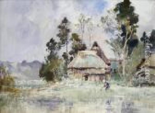 Village Scenenear Himi In Etchu, Figure In A Paddy Field Oil Painting - Ishikawa Kin'Ichiro