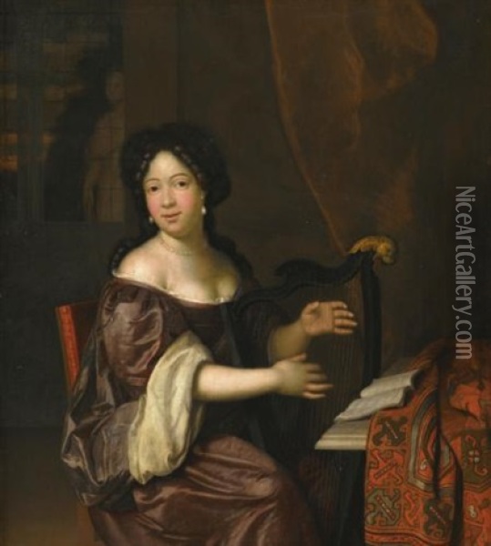 A Young Lady Playing The Harp Oil Painting - Johannes (Jan) Tielius