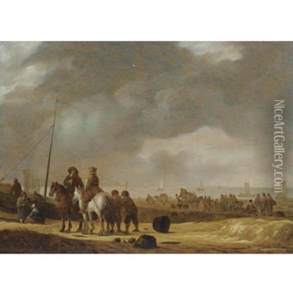 Beach Scene With Two Horsemen Conversing, Fisherfolk Unloading Carts, Sailing Vessels Beyond Oil Painting - Willem Gillisz Kool