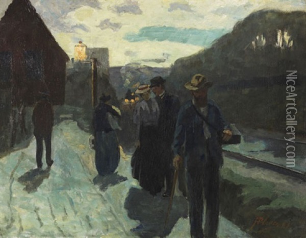 Stuttgarter Westbahnhof In Der Abenddammerung Oil Painting - Hermann Pleuer