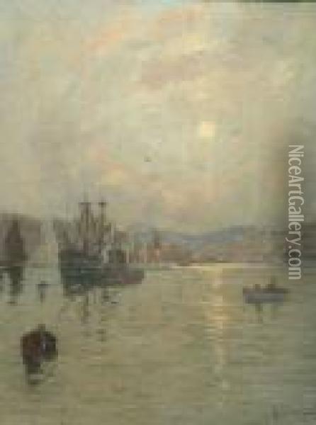 Shipping On The Clyde, Moonlight Oil Painting - James Kay