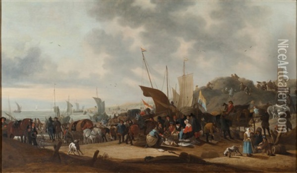 Belebte Strandszene Mit Kutsche, Eleganter Gesellschaft Und Handlern Oil Painting - Hendrick De Meijer