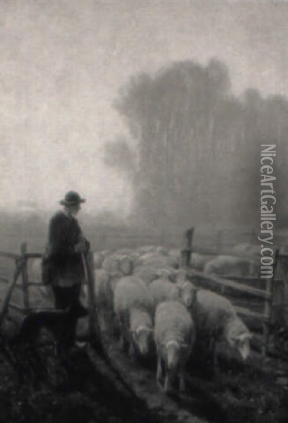 Tending The Flocks: Shepherd And Dog With Sheep Oil Painting - Frans De Beul