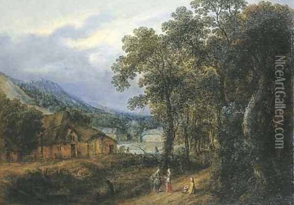 A Wooded Landscape With Figures On A Path, Farmhouses Beyond Oil Painting - Gilles Neyts
