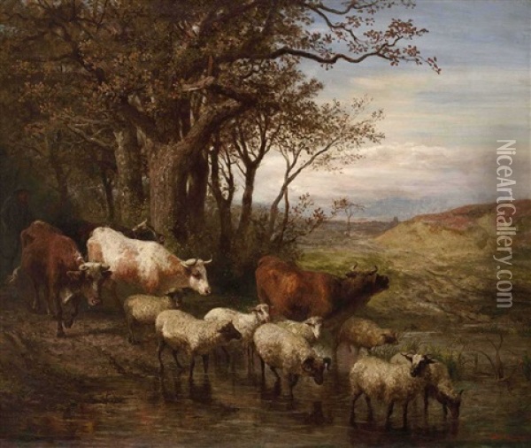 Kuhe Und Schafe Am Wasser Oil Painting - John William Bottomley