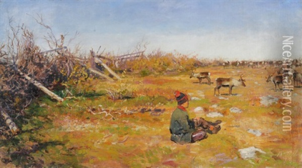 Rentiere Und Hirte Auf Der Weide Oil Painting - Johan Tiren