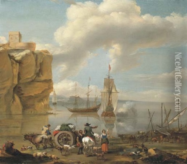 A Coastal Landscape With A Horseman, A Wagoner, Herdsmen And Stevedores, Three-masters And Mountains Beyond Oil Painting - Abraham Jansz. Begeyn