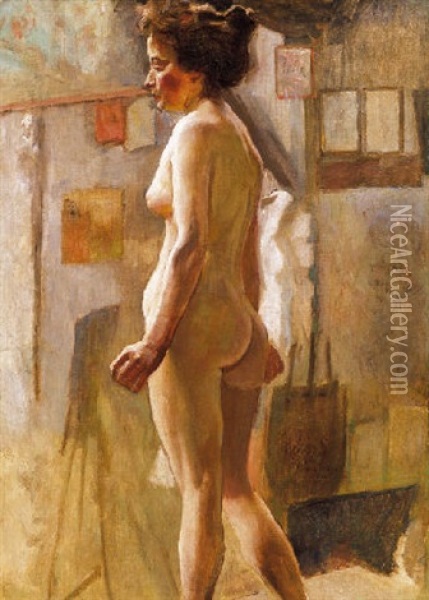 Akt Muteremben (nude In The Studio) Oil Painting - Simon Hollosy