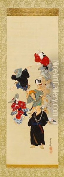 Chikamatsu Monzaemon Wearing A Sword, With Five Kabuki Actors Oil Painting - Kawanabe Kyosai