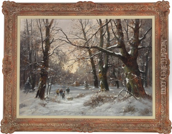 Holzarbeiter In Verschneiter Waldlandschaft Oil Painting - Adolf Kaufmann