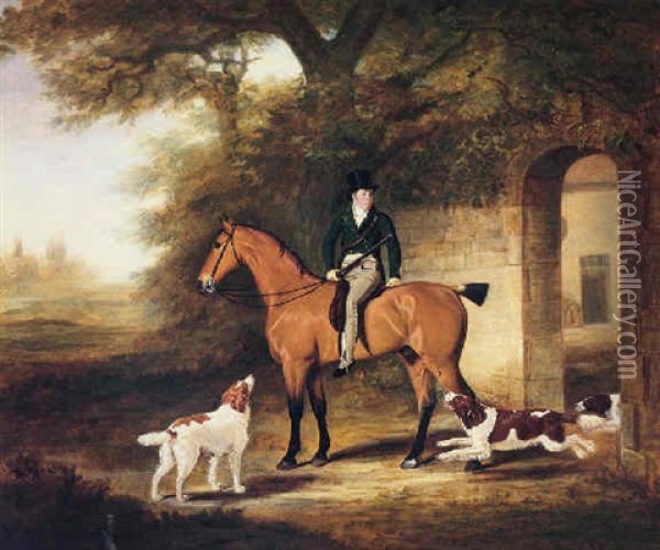 A Bay Hunter With Robert Day Up, Belgrave Hall, Leicester Oil Painting - John E. Ferneley