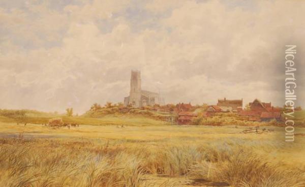 Harvest View Towards A Cathedral Town Oil Painting - James Macculloch