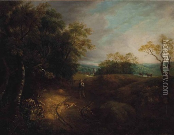 A Wooded Landscape With A Peasant And Dog, A Village Beyond Oil Painting - Thomas Gainsborough