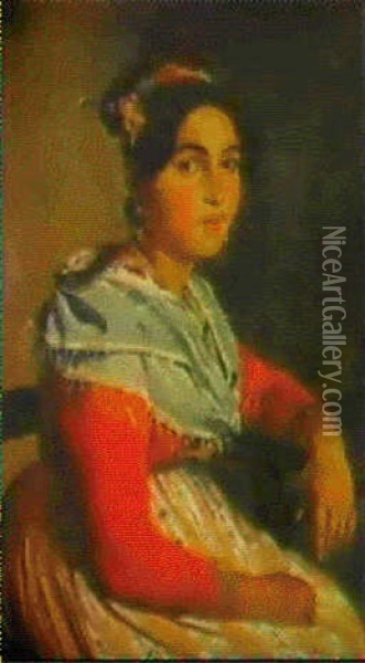 Siddende Italienerinde I Rod Bluse, Blat Torklaede Og       Blomstret Forklaede Oil Painting - Wilhelm Nicolai Marstrand