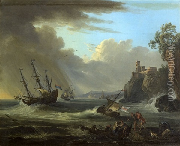 Bateaux Sur Une Mer Agitee Pres D'une Coto Rocheuse Oil Painting - Jean Baptiste Lallemand