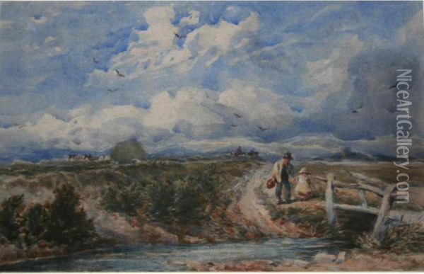 Two Figures Near A Country Bridge, Haymaking Beyond Oil Painting - David I Cox