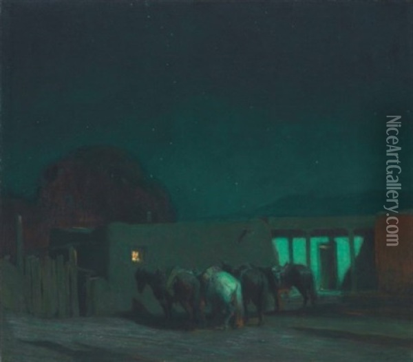 Horses By Adobe Building, Moonlight Oil Painting - Oscar Edmund Berninghaus