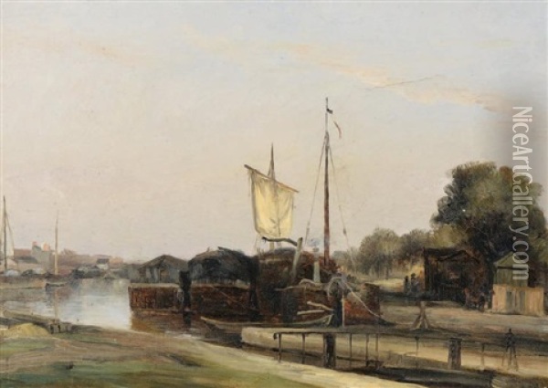 Peniches - Canal De L'ourcq Oil Painting - Romain Etienne Gabriel Prieur