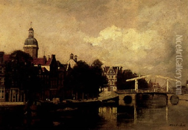 A View Of A Canal In A Dutch Town Oil Painting - Johannes Christiaan Karel Klinkenberg