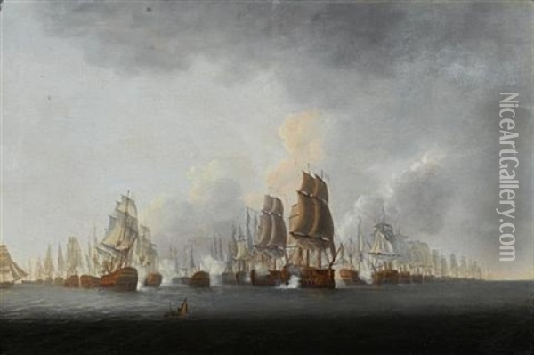 Lord Rodney's Flagship "formidable" Breaking Through The French Line At The Battle Of The Saintes, 12th April 1782 Oil Painting - William Elliott