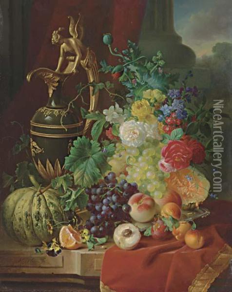A Still Life With Peaches, Oranges, Melon, Roses And An Ewer On Astone Ledge Oil Painting - Jan Hendrik Verheijen