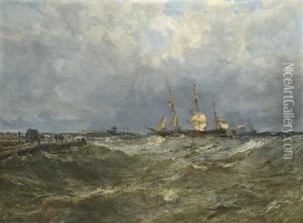 A Merchantman Heaving-to And Calling For A Pilot As She Approaches Harbor Oil Painting - Edwin Hayes