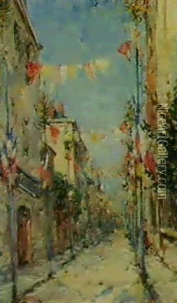 Rue De Roanne, Festlich Beflaggt Oil Painting - Emile Noirot