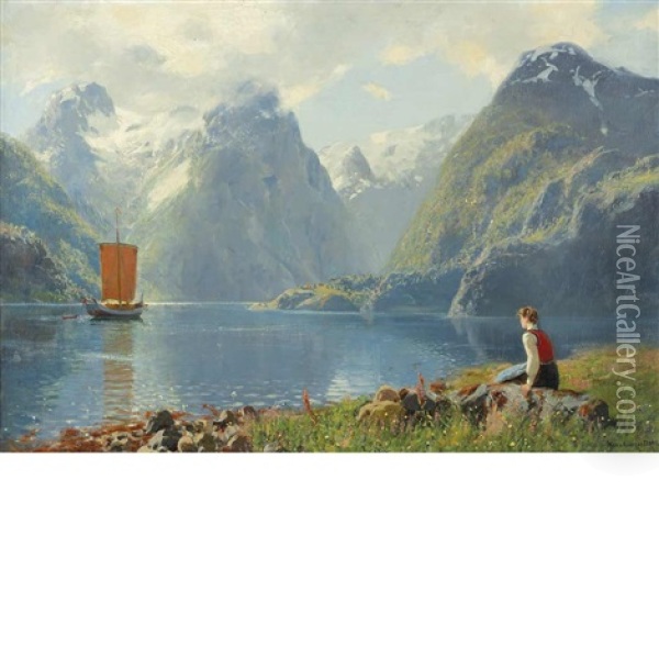 Girl Looking Out At A Fjord Oil Painting - Hans Andreas Dahl