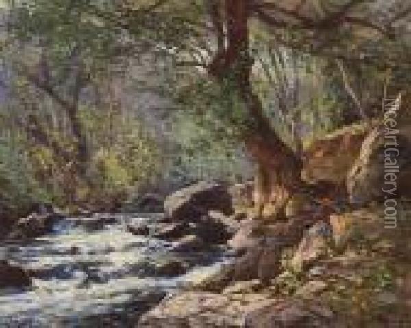 A Tranquil Stream In A Forest Interior Oil Painting - William Wendt