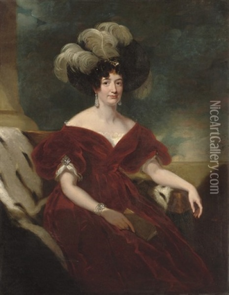 Portrait Of A Lady, Three-quarter-length, Seated In A Red Velvet Dress, And A Black Plumed Hat Oil Painting - Thomas Lawrence