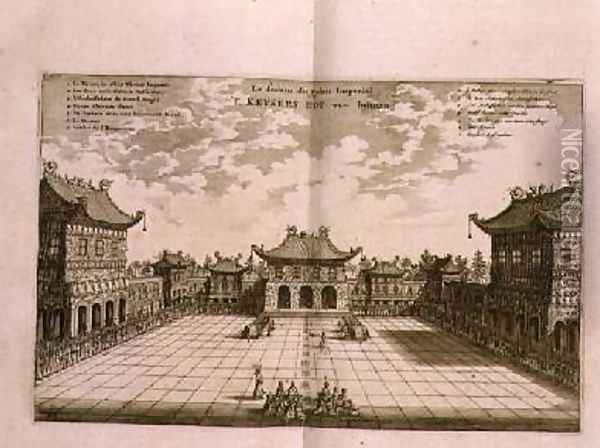 Inside the Imperial Palace from an account of a Dutch Embassy to China 1665 Oil Painting - Jacob van Meurs