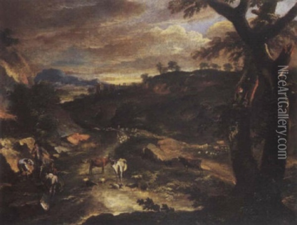 A Wooded Landscape With Peasants Digging A Hole By A Path With Cattle And Sheep, A Hilltown And Mountains Beyond Oil Painting - Antonio Diziani