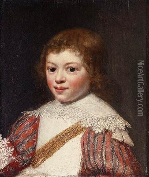 Portrait Of A Boy (prince Rupert?) In A Red Costume And White Collar Oil Painting - Jan Anthonisz Van Ravesteyn