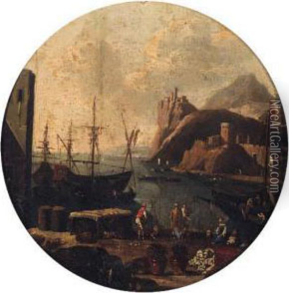 A Mediterranean Port With Figures On A Quay, A Clifftop Fortbeyond Oil Painting - Adriaen Van Der Kabel