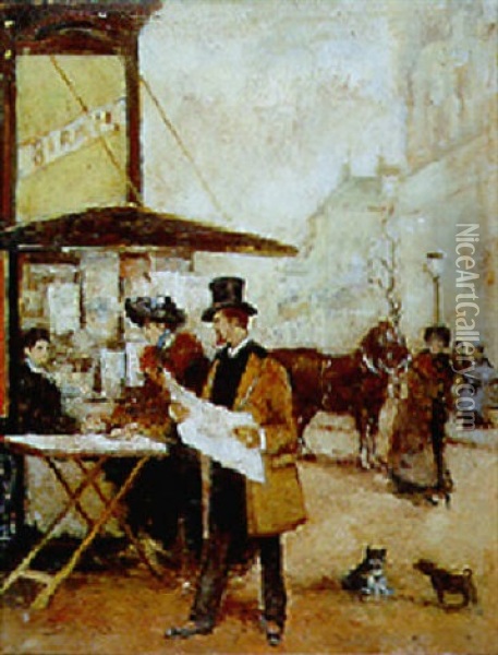 Le Kiosque A Journaux Oil Painting - Francisco Miralles y Galup