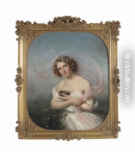 A Young Girl In A White Dress With A Pink Veil And Flowers In Her Hair, Holding A Bird's Nest With Two Eggs Oil Painting - Marie Adelaide (Adele) Kindt