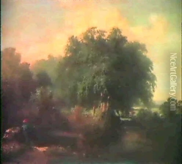Fishing In A Country Stream Oil Painting - Thomas Hill