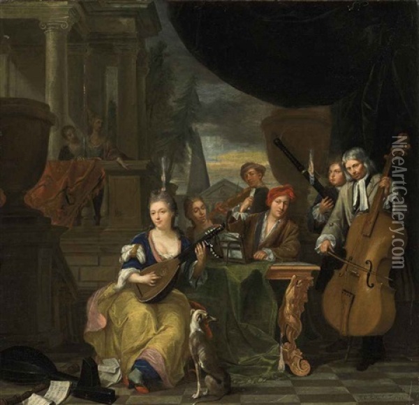 Musicians On A Terrace, Playing Lute, Cello And Oboe, In A Classical Architectural Setting Oil Painting - Balthasar Van Den Bossche