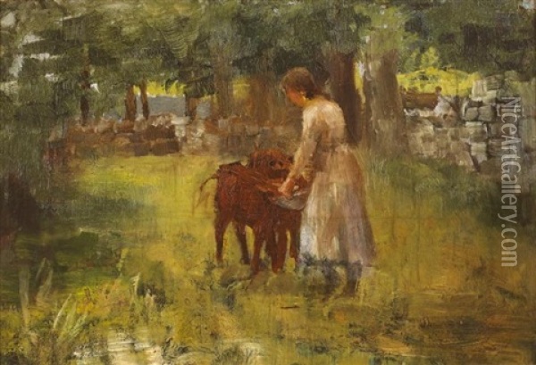 Girl Feeding Calves Oil Painting - Walter Frederick Osborne