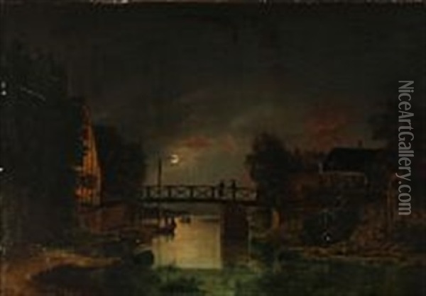 Canal Bathed In Moonlight Oil Painting - Frederik Michael Ernst Fabritius de Tengnagel
