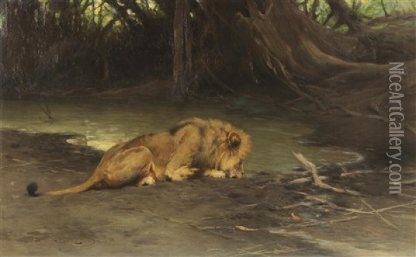 Lowe An Der Tranke Oil Painting - Wilhelm Friedrich Kuhnert