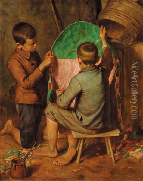 Bambini Che Costruiscono Aquilone Oil Painting - Luigi Bechi