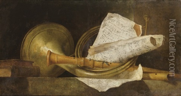 Nature Morte Aux Instruments A Vent Et Partitions Oil Painting - Henri Horace Roland de la Porte