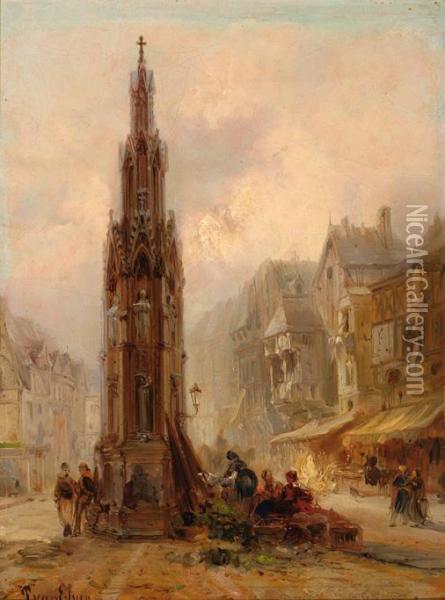 City Square With Gothicmonument Oil Painting - Jean-Baptist Tetar Van Elven