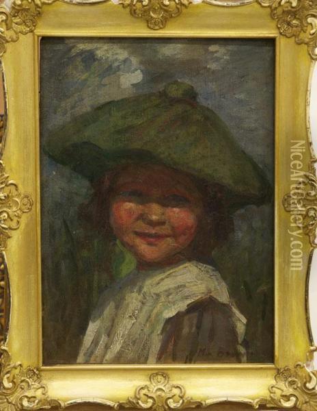 Portrait Of A Young Girlwearing A Green Hat Oil Painting - Mia Arnesby Brown