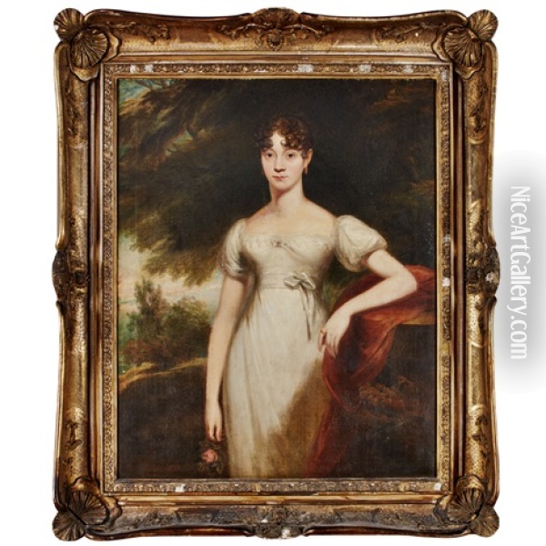 Portrait Of A Lady, Three-quarter Length, In A Landscape Oil Painting - John James Masquerier