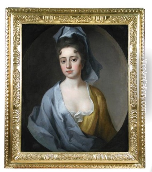 Portrait Of A Lady, Head And Shoulders, In An Ochre Dress And Blue Cloak Oil Painting - Michael Dahl