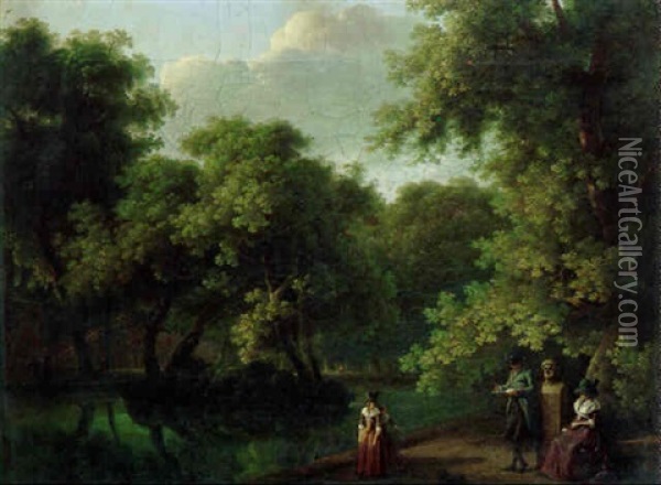 Promeneurs Au Bord D'un Lac Avec La Statue D'homere Oil Painting - Claude Louis Chatelet