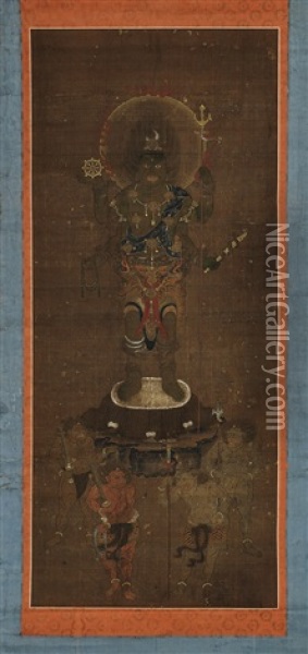 Shomen Kongo (blue Faced Guardian Deity) Oil Painting -  Anonymous-Japanese (Muromachi)